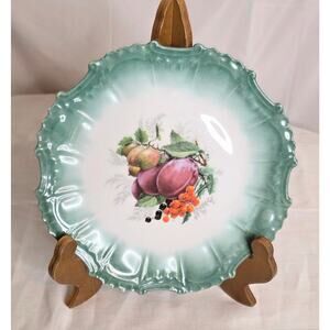 Decorative Fruit Inspired Ceramic Plate Green Scallop Edge Plums Berries Fruit